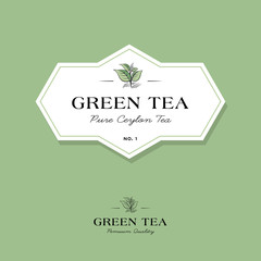 Green tea logo. Label for elite tea. The leaves of the letter in a classic style on a white geometric label.