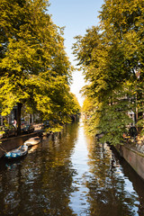 Cityscape of a canal in Amsterdam, capital of the Netherlands
