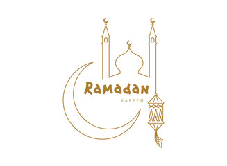 Mosque dome and tower, crescent moon, lantern, inscription Ramadan Kareem. Eastern style symbol of Ramadan Kareem, arabic islamic muslim community festival celebration. Line vector