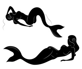 Collection. Silhouette of a mermaid. Girls bathe in a beautiful pose. The lady is young and slender. Fantastic image of a fairy tale. Set of vector illustrations