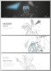 The minimalistic vector illustration of the editable layout of headers, banner design templates. Man with glasses of virtual reality. Abstract vr, future technology concept.