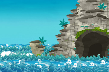 cartoon scene with sea entrance to the cave - illustration for children