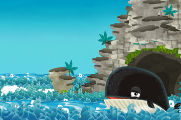 cartoon scene with happy and funny whale swimming near the cave - illustration for children