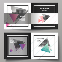 The vector illustration of editable layout of two covers templates for square design bifold brochure, magazine, flyer, booklet. Colorful polygonal background with triangles with modern memphis pattern