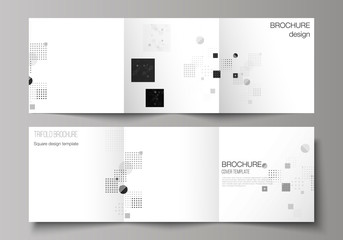 The black colored minimal vector illustration of editable layout. Modern creative covers design templates for trifold square brochure or flyer. Abstract vector background with fluid geometric shapes.