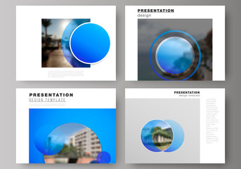 The minimalistic abstract vector illustration of the editable layout of the presentation slides design business templates. Creative modern blue background with circles and round shapes.