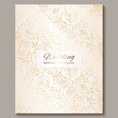 Luxury gold vintage wedding invitation, floral background with place for text, lacy foliage made of roses with golden shiny gradient. Victorian wallpaper ornaments, baroque style template for design