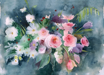 Watercolor painting. Bouquet of pink and white flowers on a dark background. - 264652361