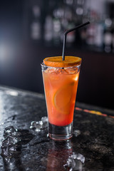 caipiroska mango cocktail on the bar, close up