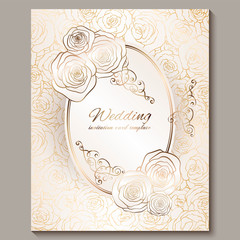 Luxury gold vintage wedding invitation, floral background with place for text, lacy foliage made of roses with golden shiny gradient. Victorian wallpaper ornaments, baroque style template for design