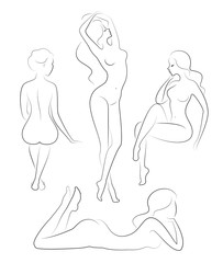 Collection. Silhouettes of lovely ladies. Beautiful girls are sitting in different poses. The figures of women are naked, feminine and slender. Set of vector illustrations