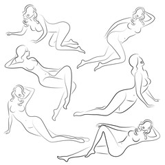Collection. Silhouettes of lovely ladies. Beautiful girls are sitting in different poses. The figures of women are naked, feminine and slender. Set of vector illustrations