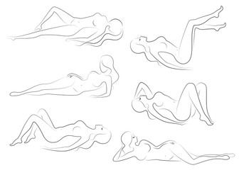 Collection. Silhouettes of lovely ladies. Beautiful girls are sitting in different poses. The figures of women are naked, feminine and slender. Set of vector illustrations