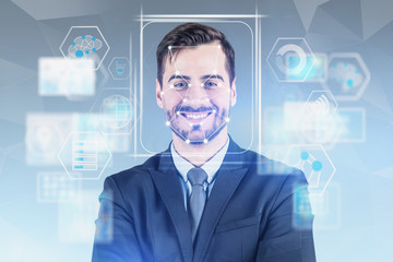 Smiling man in suit facial recognition technology