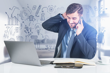Concerned man in office, business strategy fail