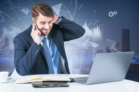 Stressed businessman in city, digital graph