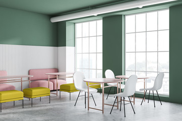 Bright green and white cafe interior