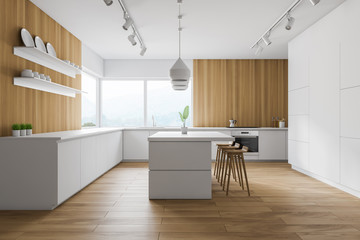 Wooden and white kitchen with bar and shelves