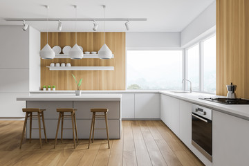 White and wooden kitchen, bar and stools