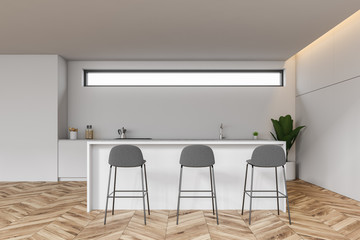 White kitchen interior, countertops and bar