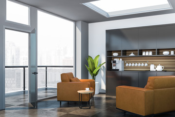 White office waiting room corner, coffee machine