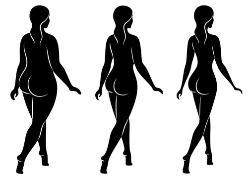 Collection. Silhouette of a beautiful woman figure. The girl is thin, slender and the woman is fat. The lady is standing. Set of vector illustrations