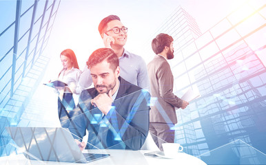 Manager team with laptop in city, stock market