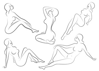 Collection. Silhouettes of lovely ladies. Beautiful girls are sitting in different poses. The figures of women are naked, feminine and slender. Set of vector illustrations