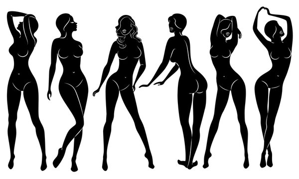 Collection. Silhouettes of lovely ladies. Beautiful girls stand in different poses. The figures of women are feminine, naked and slender. Set of vector illustrations.