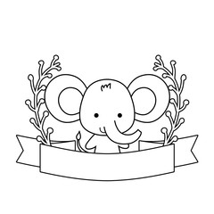 cute elephant animal with ribbon and branches of leafs
