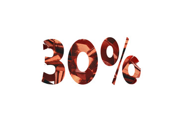 Red number 30 percent cut out of a picture with red gift ribbon