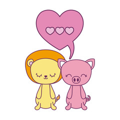 cute lion with piggy animals and speech bubble