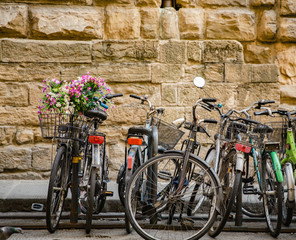 Parked old bicycles on the street