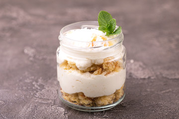 Coconut bisquit dessert with ricotta, mint. Yogurt breakfast