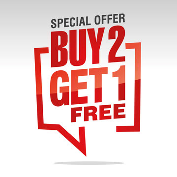 Buy 2 get 1 free in brackets speech red white isolated sticker icon