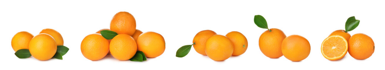 Set of ripe juicy oranges on white background