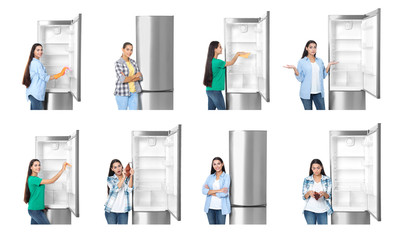 Young man near open refrigerator on white background