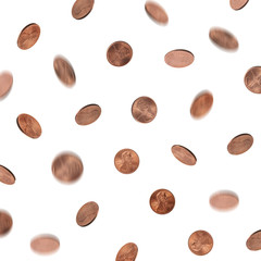 Many falling coin on white background. Financial concept