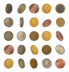 Set of different coins on white background