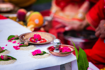 Obraz na płótnie Canvas Indian pre wedding ritual pooja items close up