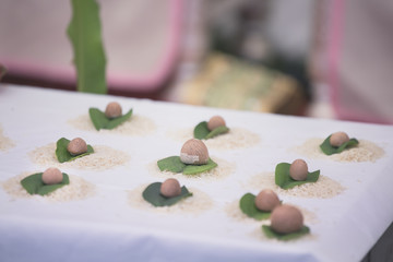 Indian pre wedding ritual pooja items close up