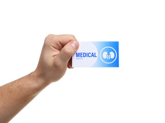 Man holding medical business card isolated on white, closeup. Nephrology service