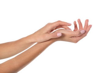 Woman with wet hands on white background, closeup. Spa treatment