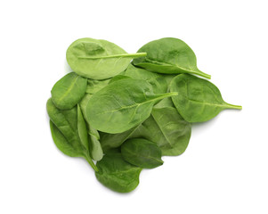 Pile of fresh spinach leaves isolated on white, top view