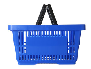 Fototapeta premium Color plastic shopping basket on white background