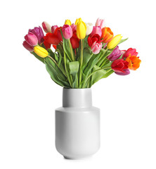 Vase with beautiful spring tulip flowers on white background