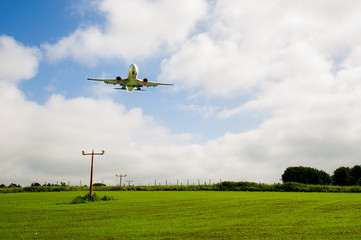 Aircraft On Final Approach Landing With Landing Lights
