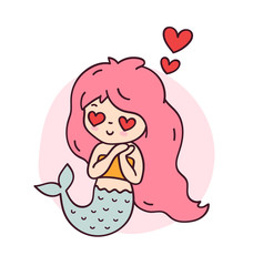Mermaid in love with heart eyes. Cute cartoon character for emoji, sticker, pin, patch, badge. Vector illustration.
