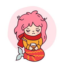 A sick mermaid with a thermometer and hot tea. Cute cartoon character for emoji, sticker, pin, patch, badge. Vector illustration.