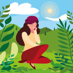 beautiful woman with beret seated in the park